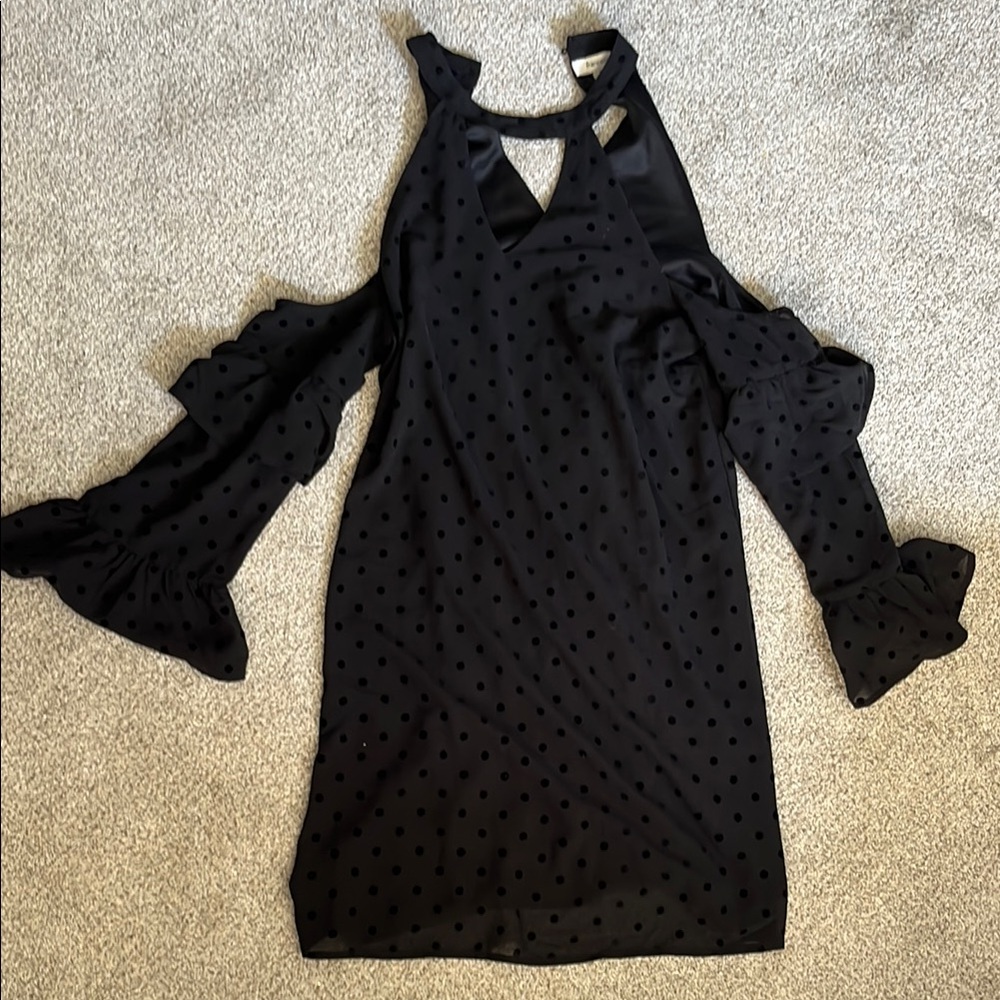 Francesca’s Alya Cold Shoulder Ruffle Polka Dotted Dress